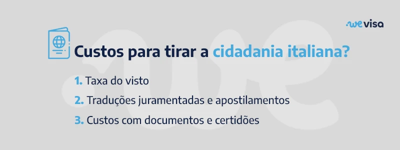 Custos para tirar a cidadania italiana: taxa do visto, traduções juramentadas e apostilamentos e custos com documentos e certidões.