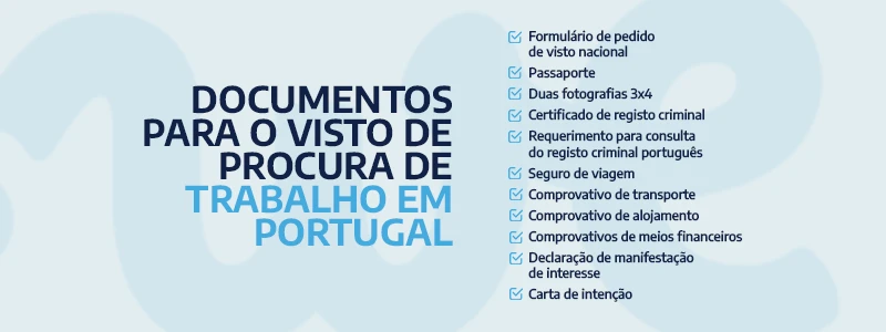 Documentos para o visto de procura de trabalho para Portugal: formulário de pedido de visto nacional, passaporte, duas fotografias 3x4, certificado de registo criminal, requerimento para consulta do registo criminal português, seguro de viagem, comprovativo de transporte,
comprovativo de alojamento, comprovativos de meios financeiros, declaração de manifestação de interesse e
carta de intenção.